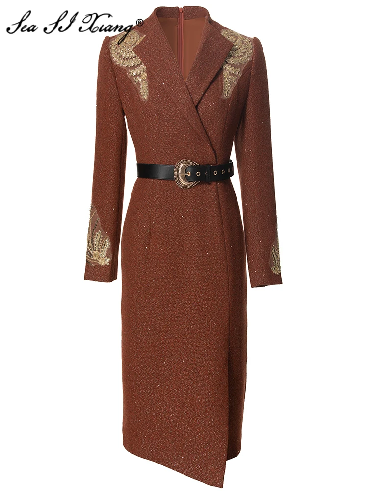 Seasixiang Beading Sequins Pencil Dress For Women Turn-down Collar Long Sleeves Sashes Office Lady Dresses Autumn Female New
Seasixiang Beading Sequins Pencil Dress For Women Turn-down Collar Long Sleeves Sashes Office Lady Dresses Autumn Female New