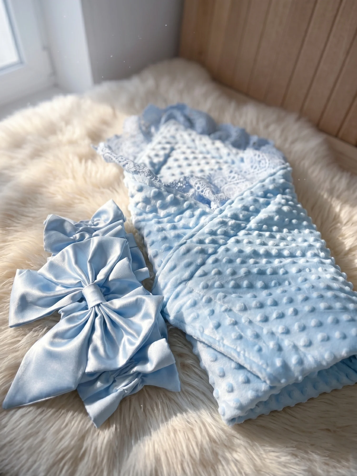 Velvety Minky Dot Newborn Wrap Blanket Light Blue Lace Satin Bow Unmatched Softness Heirloom Charm Exquisite Gift
Velvety Minky Dot Newborn Wrap Blanket Light Blue Lace Satin Bow Unmatched Softness Heirloom Charm Exquisite Gift