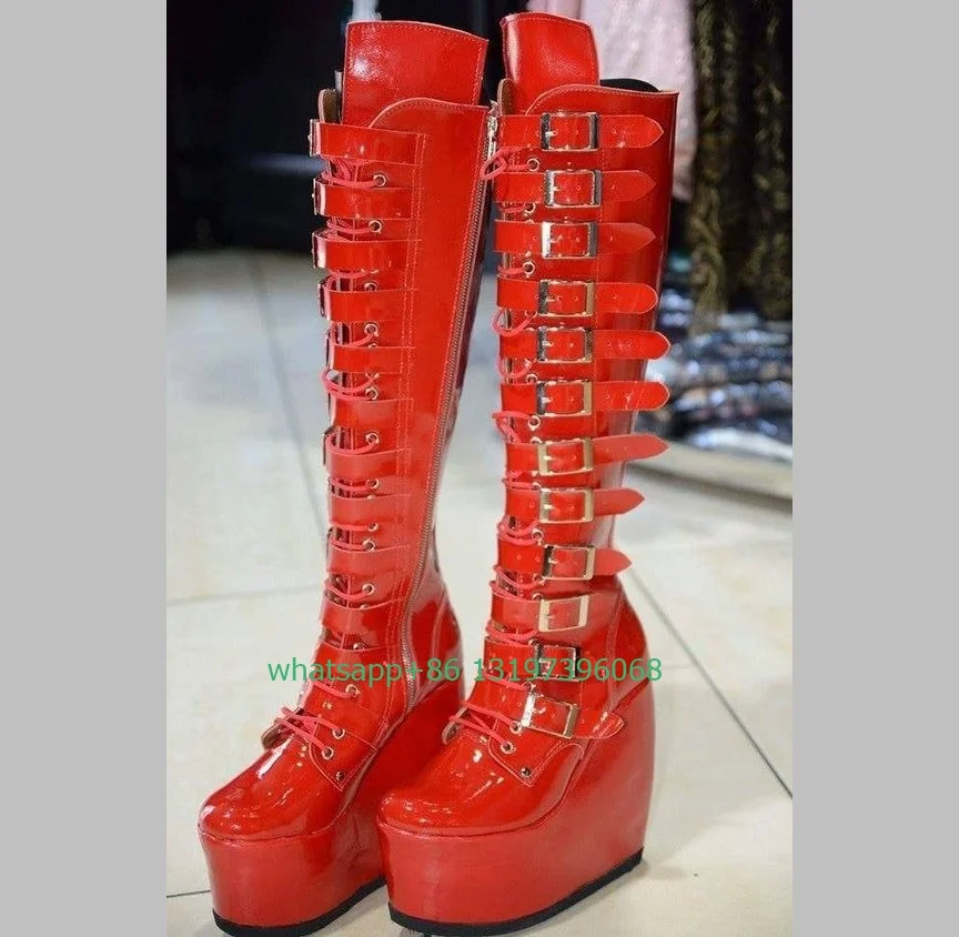 Lady buckle red mirror PU wedges heel boots platform knee boots side zip buckle strap dance dress party Y2K style Gothic boots
Lady buckle red mirror PU wedges heel boots platform knee boots side zip buckle strap dance dress party Y2K style Gothic boots