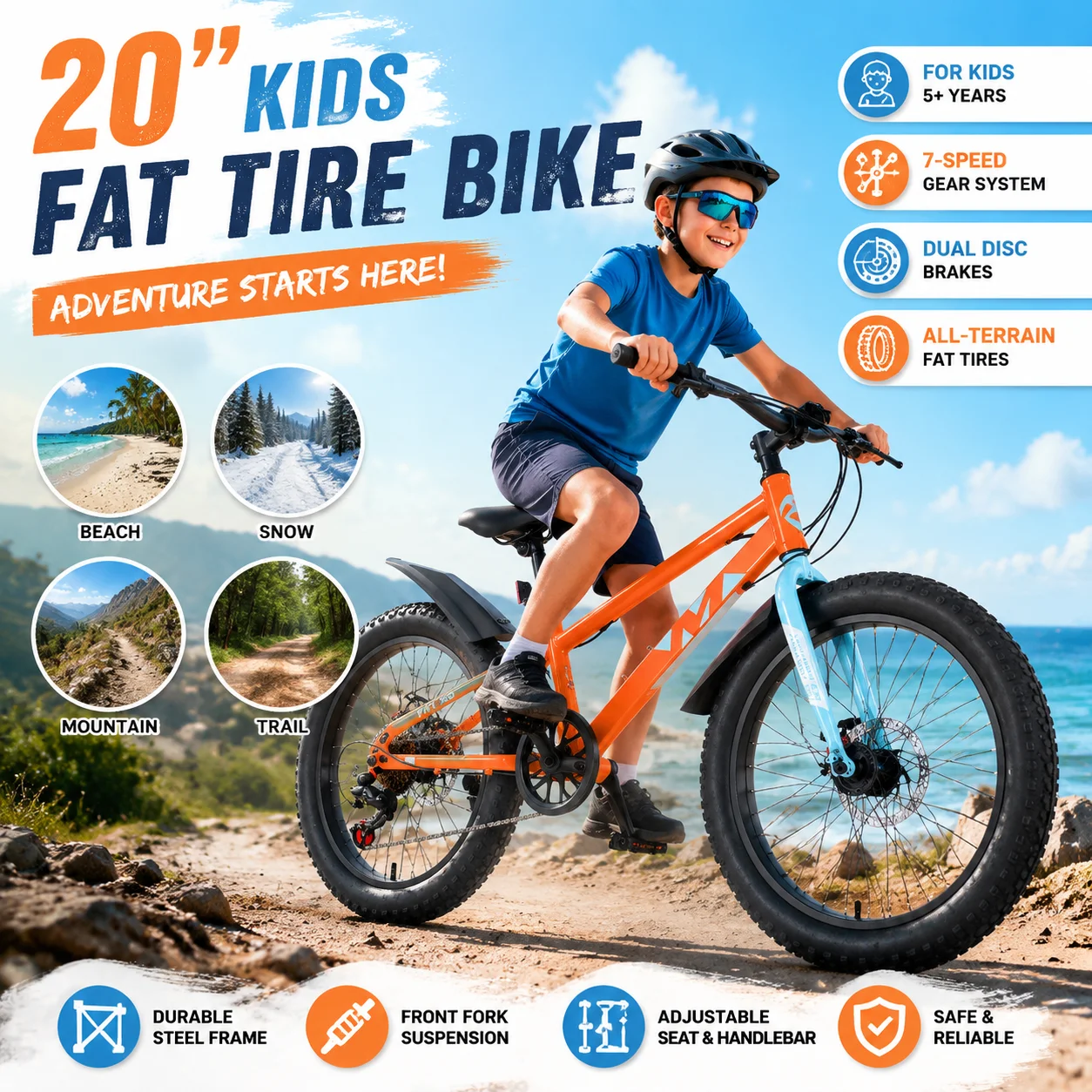 20 Inch Kids Bicycles Fat Tire Mountain Bike for Boys and Girls Age 5 + Years 7-Speed Dual-Disc Brake Kid Beach and Snow Bicycle
20 Inch Kids Bicycles Fat Tire Mountain Bike for Boys and Girls Age 5 + Years 7-Speed Dual-Disc Brake Kid Beach and Snow Bicycle