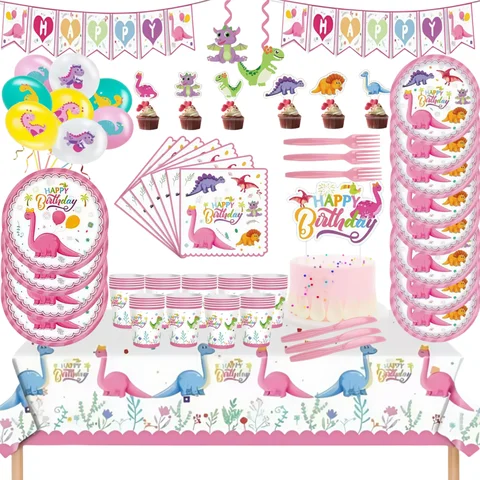 Pink Dinosaur Party Decorations Tableware Cup Plate Napkin 3D Dinosaur Balloon for Girls Party Supplies