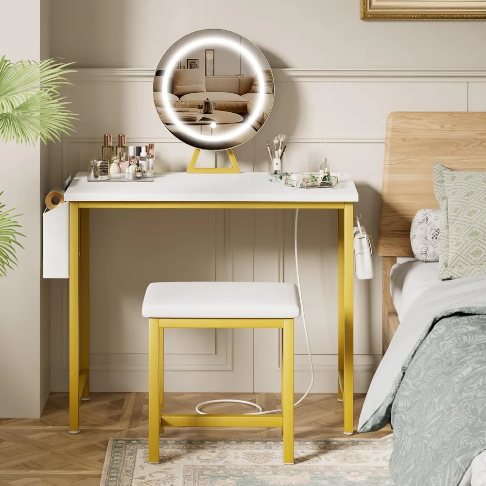 Makeup Vanity Desk with Mirror and Lights - Small White Gold Vanity Table with Chair, Modern Make Up Vanitys Desks Set
Makeup Vanity Desk with Mirror and Lights - Small White Gold Vanity Table with Chair, Modern Make Up Vanitys Desks Set