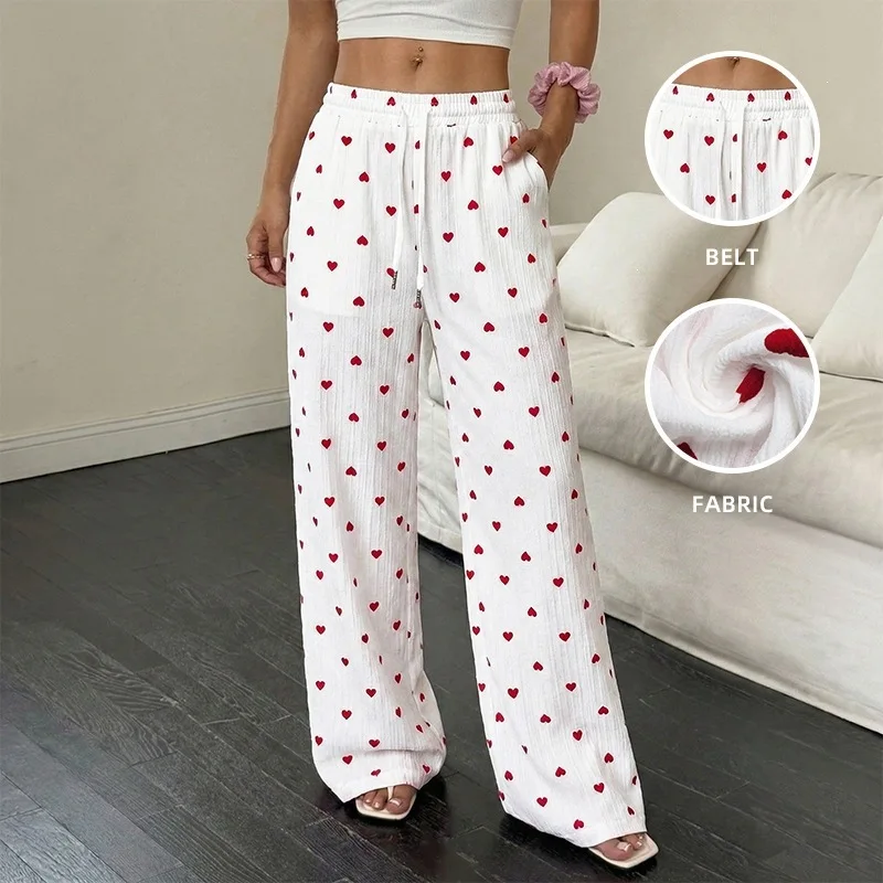 Women's Pants Summer New Style Fresh Sweet Casual Style with Heart Printed High Waisted Lace Up Loose Straight Leg Pants
Women's Pants Summer New Style Fresh Sweet Casual Style with Heart Printed High Waisted Lace Up Loose Straight Leg Pants
