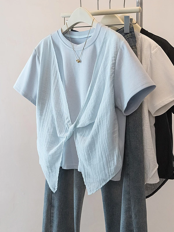 Loose plus Size Women's T-Shirt Light Blue Short Sleeve Knot Design Belly Covering Casual Style Summer New Arrival
Loose plus Size Women's T-Shirt Light Blue Short Sleeve Knot Design Belly Covering Casual Style Summer New Arrival