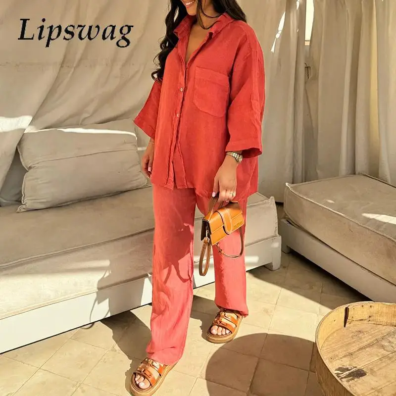 Casual Women Two Piece Long Sleeve Outfit Fashion Loose Solid Linen Set New Spring Lapel Button Shirt Top+Drawstring Pants Suit
Casual Women Two Piece Long Sleeve Outfit Fashion Loose Solid Linen Set New Spring Lapel Button Shirt Top+Drawstring Pants Suit