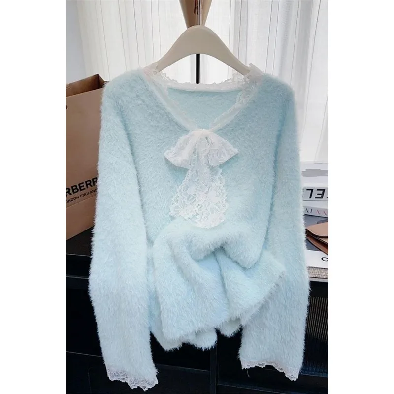 Sweet Lace Splicing Comfortable Sweater for Women with Autumn and Winter Bows Lazy Loose Knitted Top
Sweet Lace Splicing Comfortable Sweater for Women with Autumn and Winter Bows Lazy Loose Knitted Top
