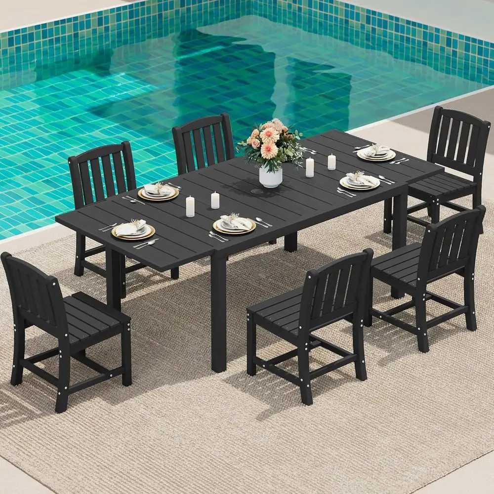 Expandable Outdoor Dining Set with 6 HDPE Chairs, Weather-Resistant, Black
Expandable Outdoor Dining Set with 6 HDPE Chairs, Weather-Resistant, Black