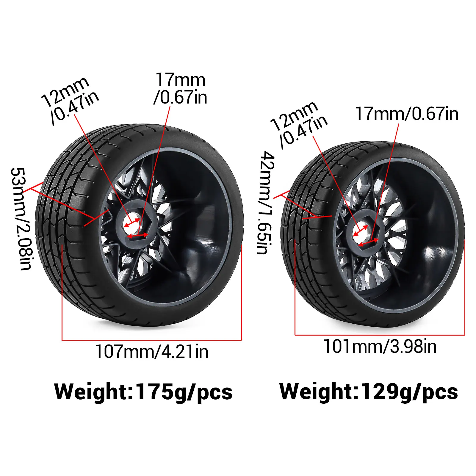 Professional Drift Staggered Tire Set for 1/7 ARRMA Felony Infraction RWD 2 Front 2 Rear Wheels17mm Hex Hub Fits Ford Mustang GT
Professional Drift Staggered Tire Set for 1/7 ARRMA Felony Infraction RWD 2 Front 2 Rear Wheels17mm Hex Hub Fits Ford Mustang GT