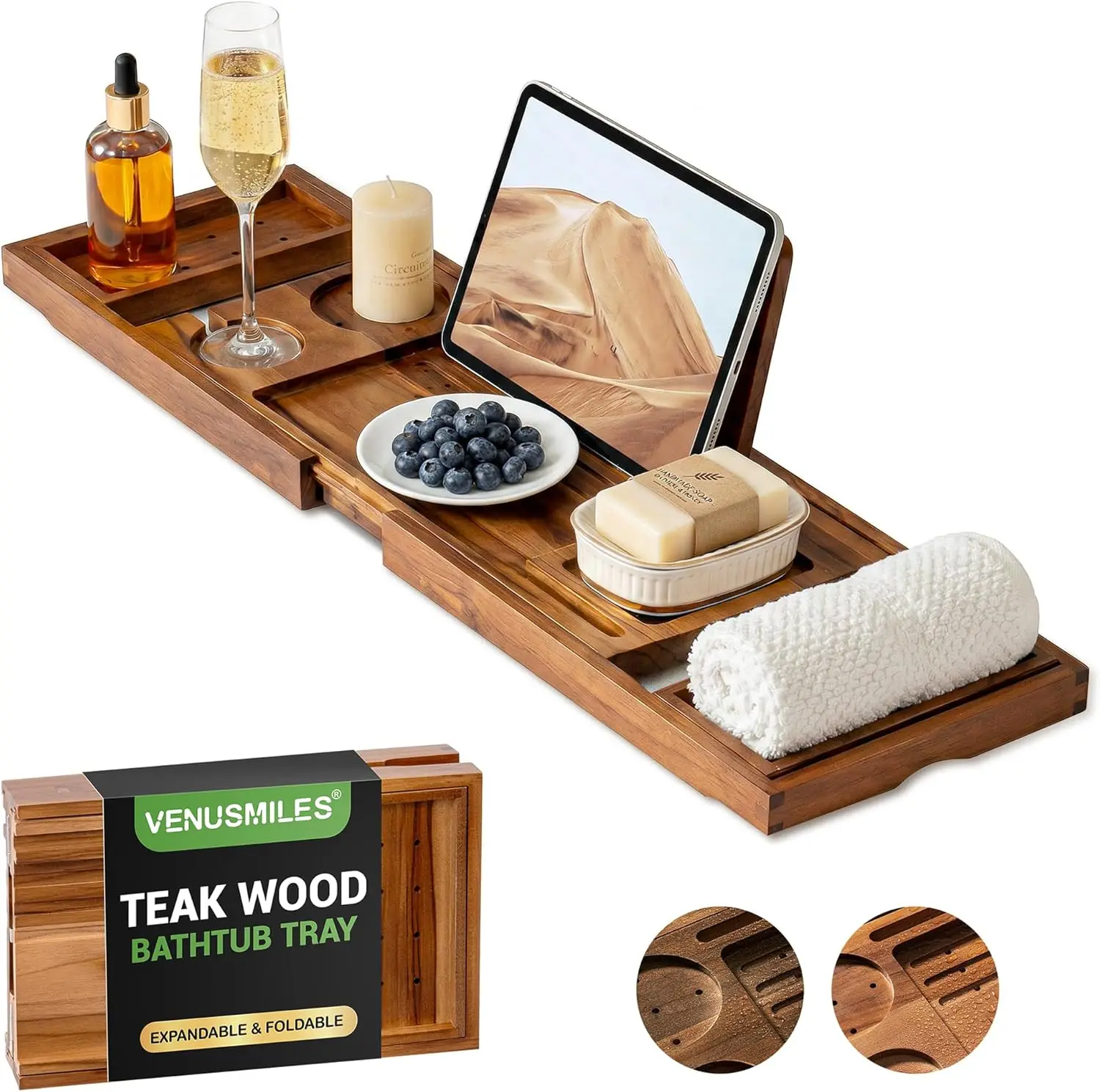 Foldable Bath Tray with Expandable Handles, Wine Glass and Phone Holders, Book Stand for Home Spa Relaxation
Foldable Bath Tray with Expandable Handles, Wine Glass and Phone Holders, Book Stand for Home Spa Relaxation
