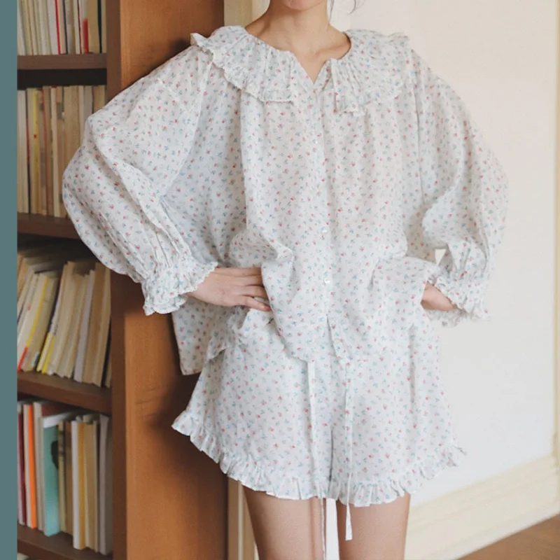 French Style Floral Printing Sleepwear Loose 100% Cotton Two-Pieces Full Sleeves Pajamas Summer Short Pants Cardigan Pyjamas
French Style Floral Printing Sleepwear Loose 100% Cotton Two-Pieces Full Sleeves Pajamas Summer Short Pants Cardigan Pyjamas