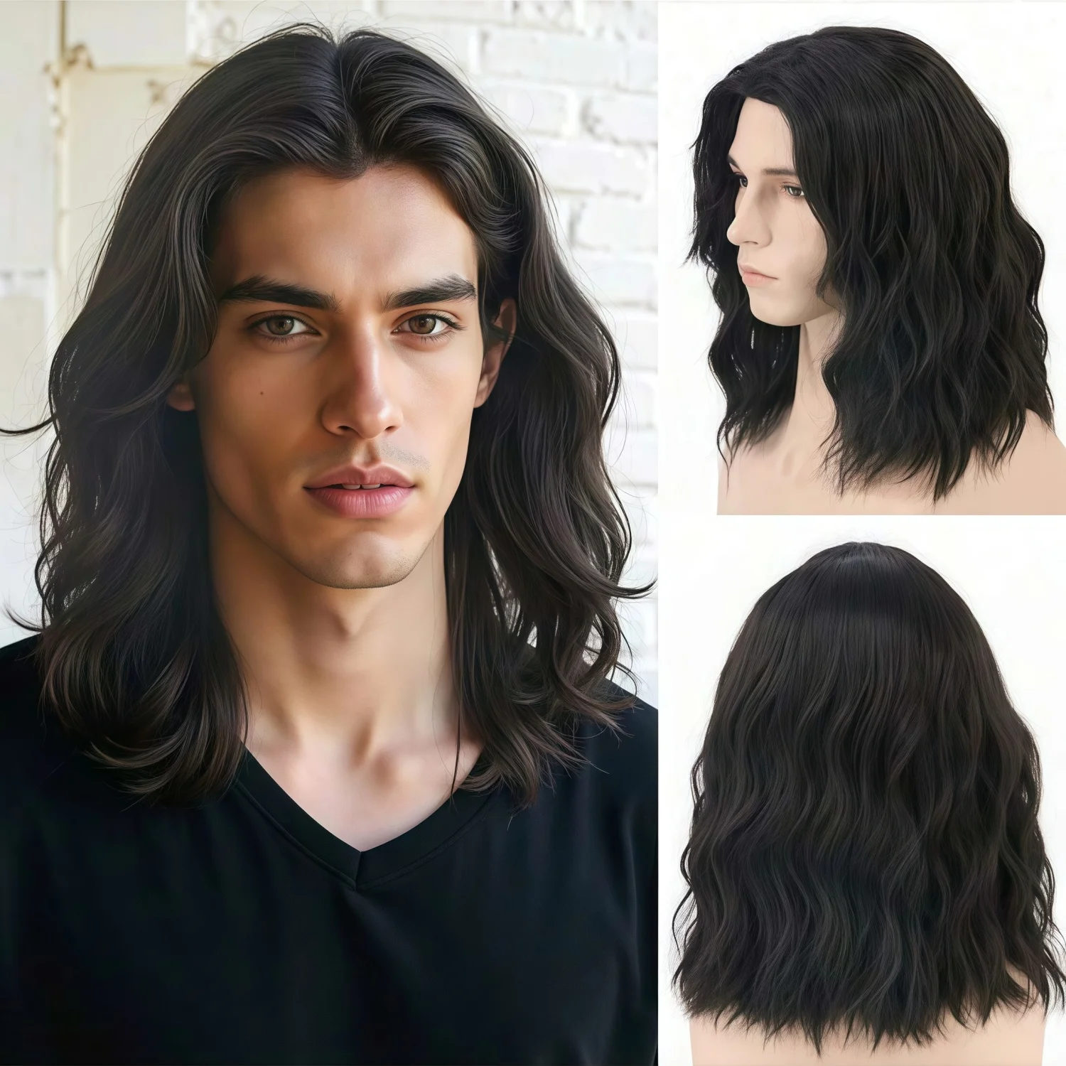 Men's black long curly wig, fashionable and classic style, black synthetic fiber wig, rock style suitable for daily wear
Men's black long curly wig, fashionable and classic style, black synthetic fiber wig, rock style suitable for daily wear
