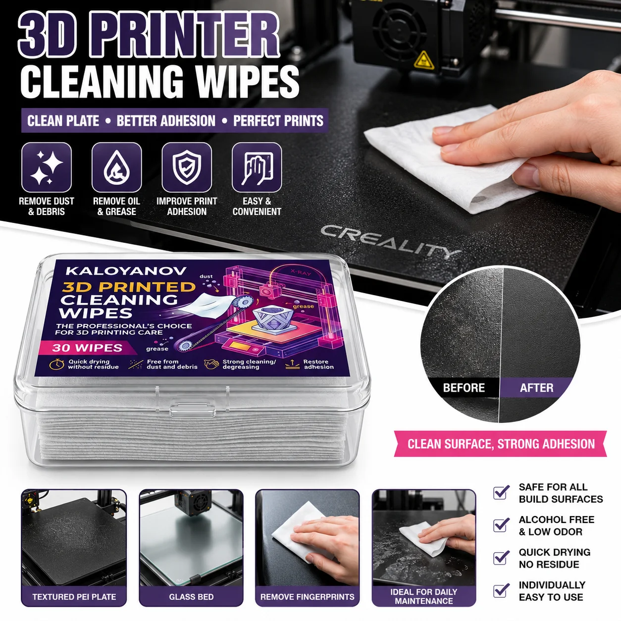 KALOYANOV 3D Printed Cleaning Wipes 30pcs, Professional Degreaser for FDM Printer Build Surfaces Glass PEI Spring Steel
KALOYANOV 3D Printed Cleaning Wipes 30pcs, Professional Degreaser for FDM Printer Build Surfaces Glass PEI Spring Steel