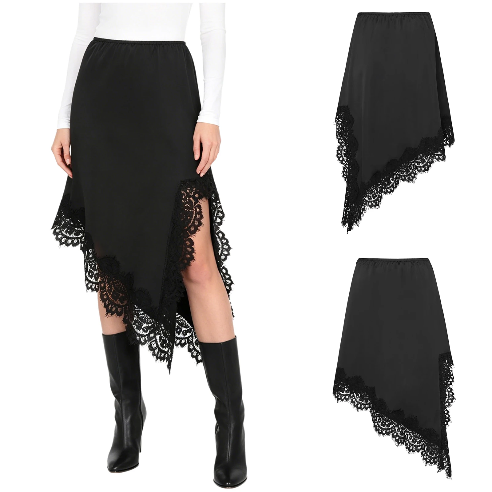 Summer Women Irregular Hem Lace Trim Skirts Elastic Waistband Zipper Side Split Satin Skirts for Party Office Daily Streetwear
Summer Women Irregular Hem Lace Trim Skirts Elastic Waistband Zipper Side Split Satin Skirts for Party Office Daily Streetwear