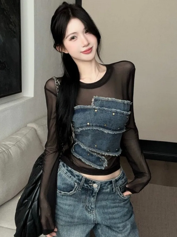 Slim Fit Denim T-Shirt Women's Long Sleeve round Neck Mesh Splice Design Spring Autumn New Style Versatile Hot Girl Top
Slim Fit Denim T-Shirt Women's Long Sleeve round Neck Mesh Splice Design Spring Autumn New Style Versatile Hot Girl Top