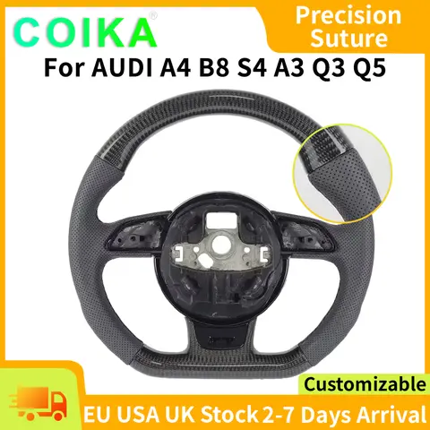 For AUDI A3 8V A4 B8 S3 RS3 S4 RS 2010-2015 Leather Carbon Fiber Steering wheel Car Accessories Black Stitch Upgrade Flat-bottom