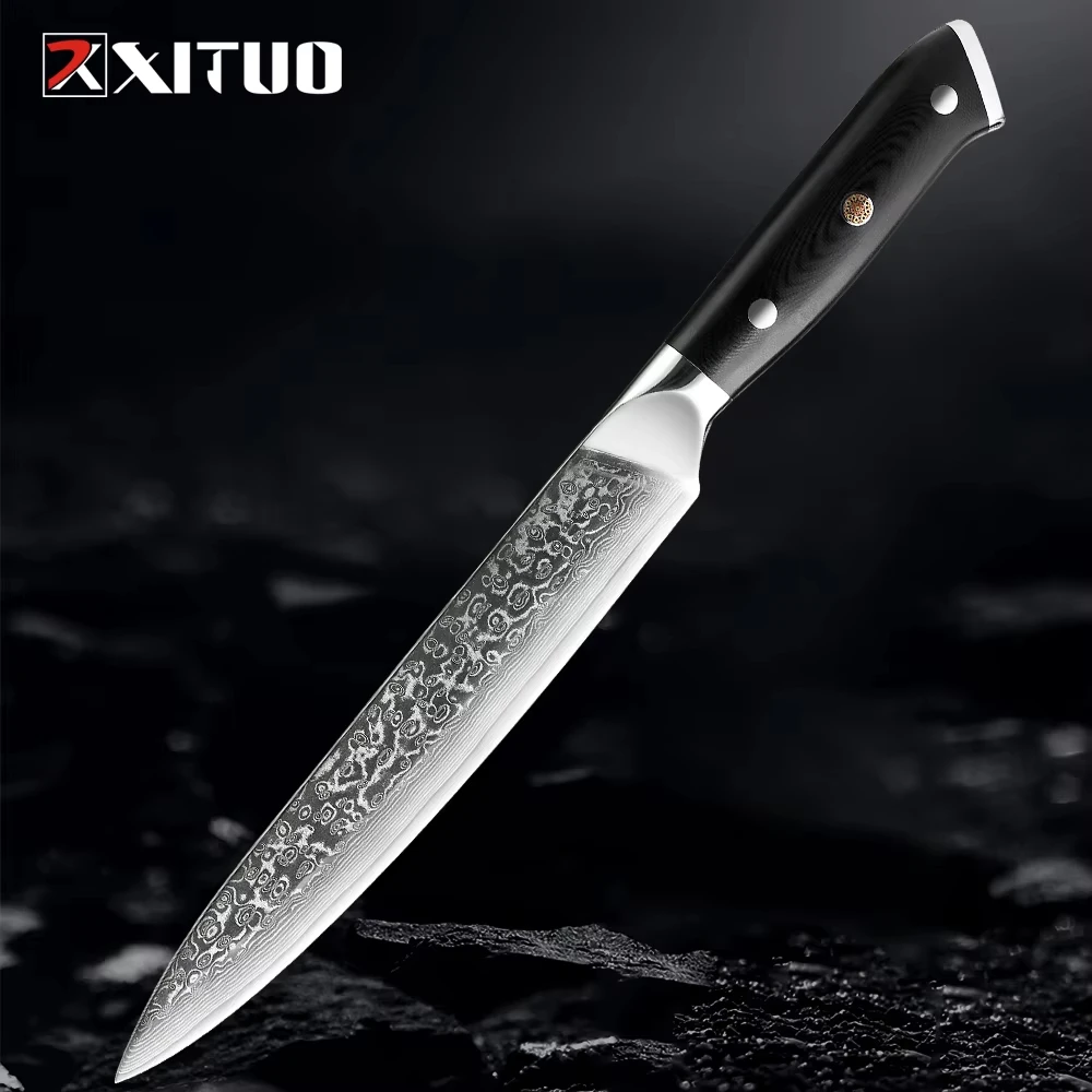 Damascus Slicing Knife Razor Sharp 8 Inch Carving Brisket Kitchen Knife 67-Layer VG10 Steel G10 Ergonomic Triple Rivet Handle
Damascus Slicing Knife Razor Sharp 8 Inch Carving Brisket Kitchen Knife 67-Layer VG10 Steel G10 Ergonomic Triple Rivet Handle