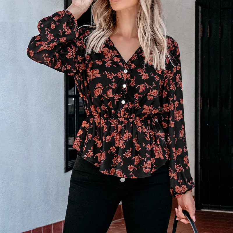 Plus size women's floral print V-neck ruffled long sleeved elegant shirt with elastic waist and loose fashion top
Plus size women's floral print V-neck ruffled long sleeved elegant shirt with elastic waist and loose fashion top