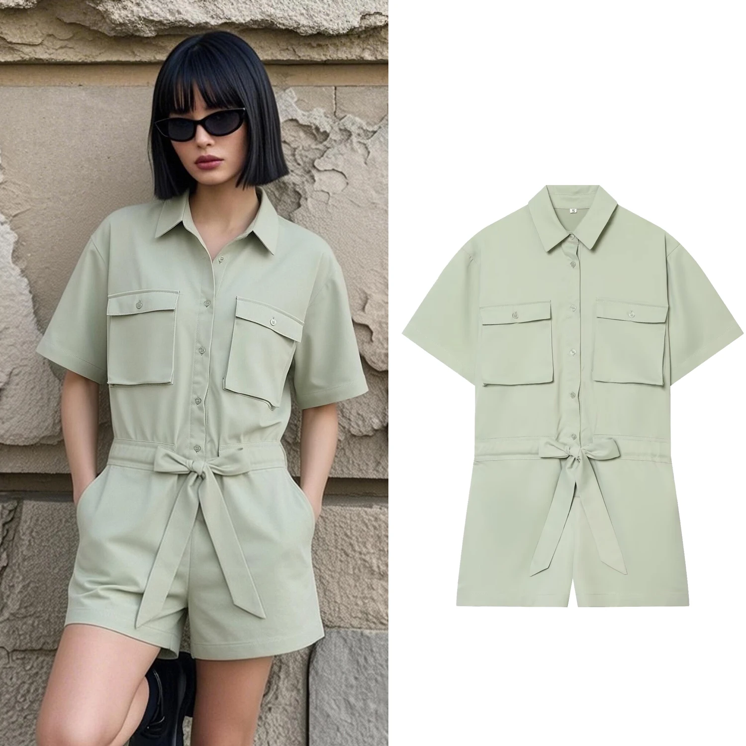 Women's Green Shirt Style Jumpsuit Summer Female Short Sleeve Button Bodysuit With Pocket Lady Chic Waist Lace-Up Short Jumpsuit
Women's Green Shirt Style Jumpsuit Summer Female Short Sleeve Button Bodysuit With Pocket Lady Chic Waist Lace-Up Short Jumpsuit