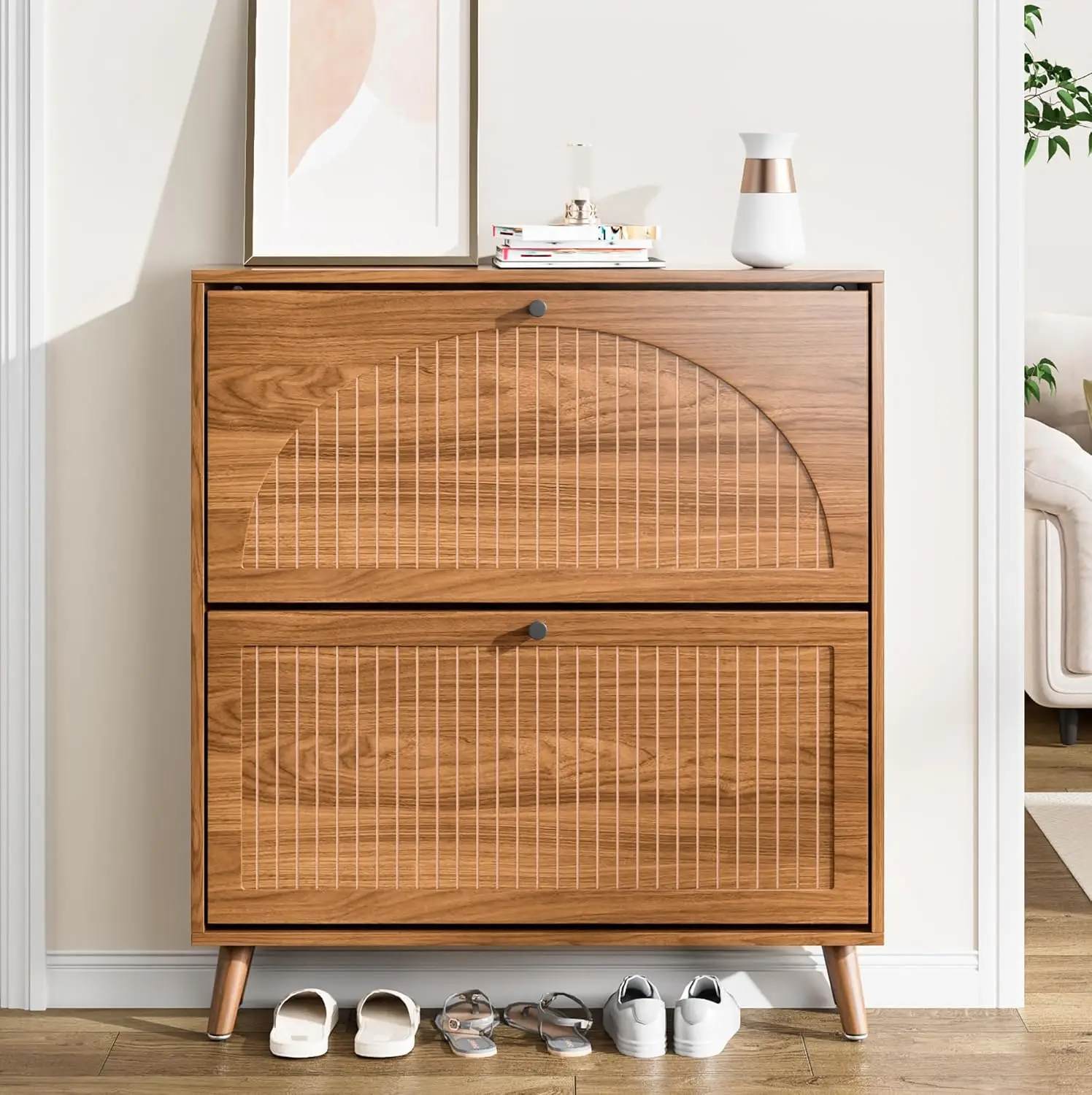 Narrow Wood Shoe Cabinet 2 Flip Drawers Fluted Panel Freestanding Hidden Organizer Entryway Hallway Walnut Customized
Narrow Wood Shoe Cabinet 2 Flip Drawers Fluted Panel Freestanding Hidden Organizer Entryway Hallway Walnut Customized