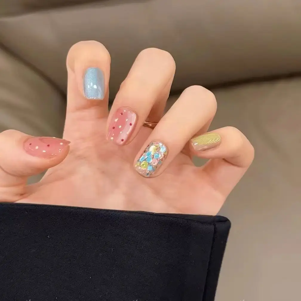 10Pcs Colorful Summer False Nails with Polka Dots Fake Nails with Glue Glitter Press on Nails Short Full Cover Fingertips Tools
10Pcs Colorful Summer False Nails with Polka Dots Fake Nails with Glue Glitter Press on Nails Short Full Cover Fingertips Tools