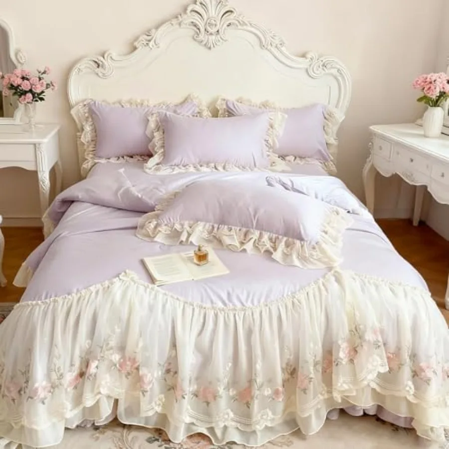 French Chic Bedding Set 4-Piece - Romantic Lace Trim Washed Cotton, Duvet Cover with Bed Skirt and Pillowcases for Queen Bed, P
French Chic Bedding Set 4-Piece - Romantic Lace Trim Washed Cotton, Duvet Cover with Bed Skirt and Pillowcases for Queen Bed, P