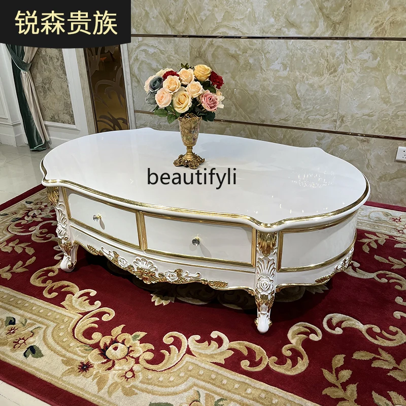French solid wood oval coffee table, European style fashionable neoclassical with drawers, large apartment tea table
French solid wood oval coffee table, European style fashionable neoclassical with drawers, large apartment tea table