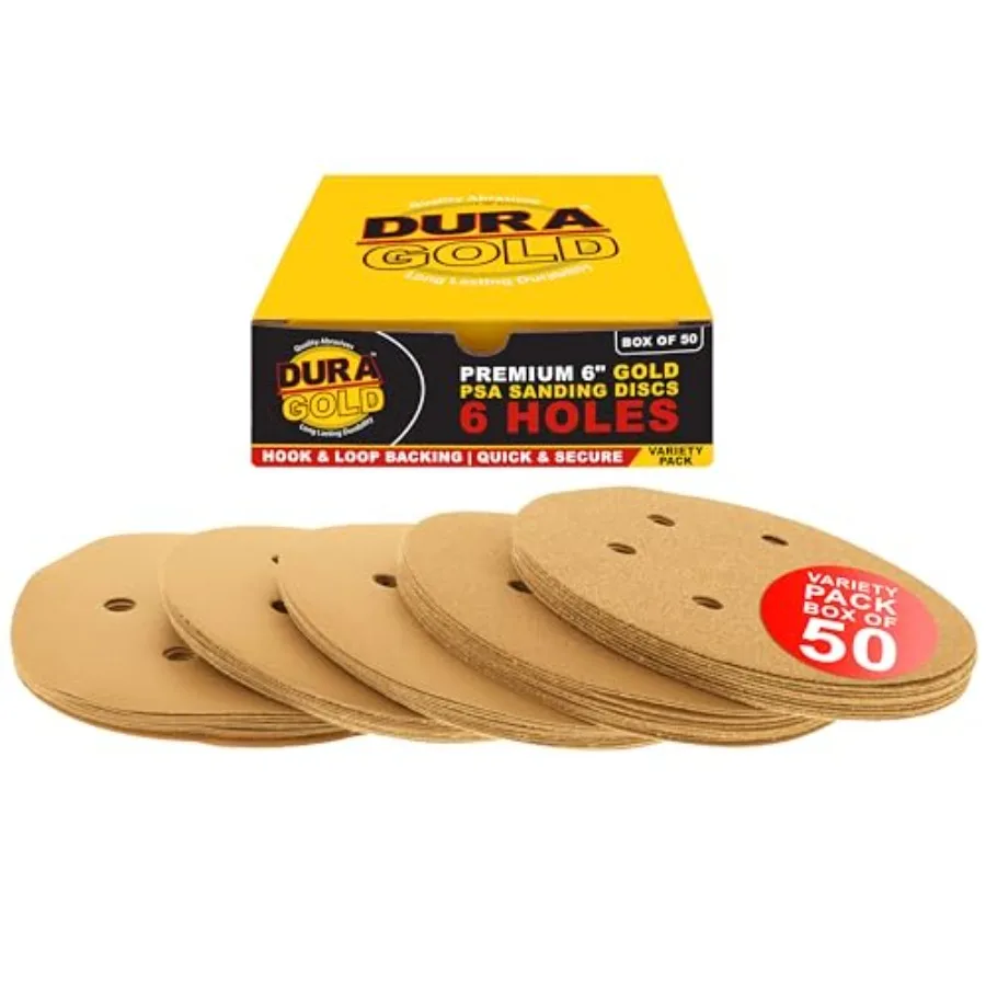 Premium 80, 120, 220, 320, 400 Grit 6" Gold Sandpaper Discs, 6 Hole Pattern Dustl, 10 Each, 50 Total - Hook and Loop Backing fo
Premium 80, 120, 220, 320, 400 Grit 6" Gold Sandpaper Discs, 6 Hole Pattern Dustl, 10 Each, 50 Total - Hook and Loop Backing fo