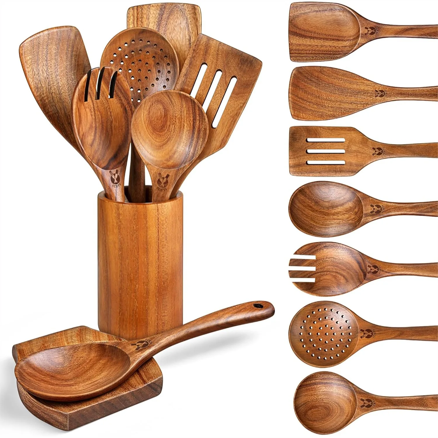 Wooden Spoons for Cooking, 9 Pcs Natural Teak Wooden Utensil Set with Spoon Rest for Nonstick Cookware
Wooden Spoons for Cooking, 9 Pcs Natural Teak Wooden Utensil Set with Spoon Rest for Nonstick Cookware