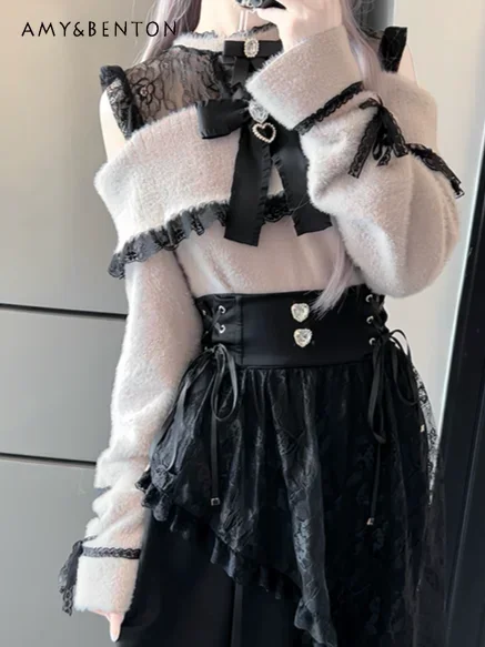 Mine Mass-produced Cute Bow Off Shoulder Lace Splicing Long-sleeved Sweater Women Japanese Sweet Kawaii Lolita Plush Sweaters
Mine Mass-produced Cute Bow Off Shoulder Lace Splicing Long-sleeved Sweater Women Japanese Sweet Kawaii Lolita Plush Sweaters