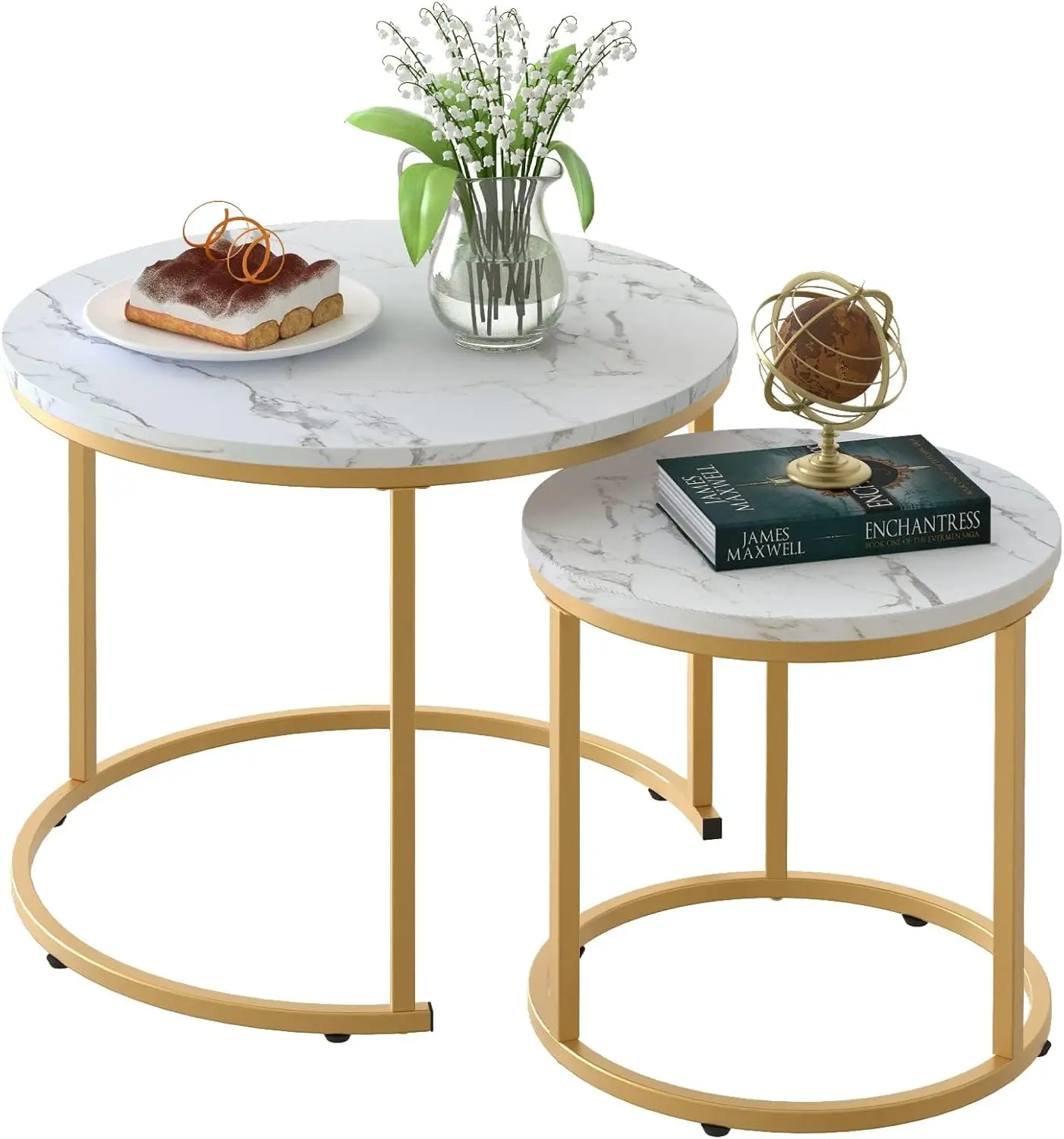2-Piece Round Nesting Coffee Table Set with Marble Pattern Wooden Top and Gold Metal Frame, White Finish, for Living Room Bedroom Apartment, Modern Industrial Simple Style Nightstand
2-Piece Round Nesting Coffee Table Set with Marble Pattern Wooden Top and Gold Metal Frame, White Finish, for Living Room Bedroom Apartment, Modern Industrial Simple Style Nightstand