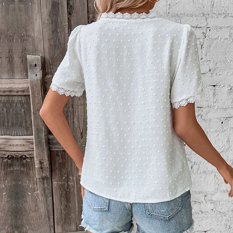 Women Blouse Short Sleeve Solid Color V Neck Blouses Eyelet Fabric Button Front Summer Shirt Woman Women's Crop
Women Blouse Short Sleeve Solid Color V Neck Blouses Eyelet Fabric Button Front Summer Shirt Woman Women's Crop