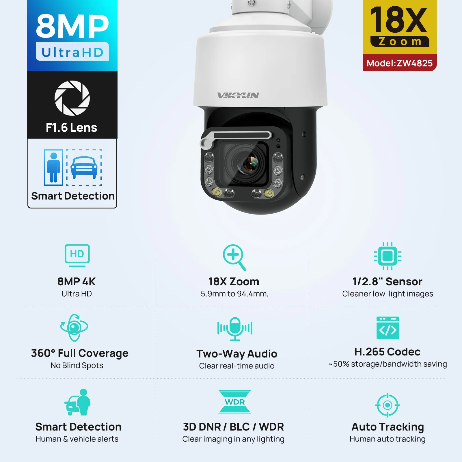 Vikylin 4K 8MP 18X Optical Zoom PTZ IP Security CCTV Camera IR Night Vision Auto Human tracking Two-way Audio with Wiper Blade
Vikylin 4K 8MP 18X Optical Zoom PTZ IP Security CCTV Camera IR Night Vision Auto Human tracking Two-way Audio with Wiper Blade