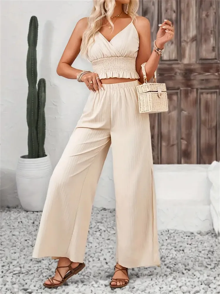 Summer Women's Clothing Two Piece Set Striped Jacquard Drawstring Tank Straight Split Pants Polyester Casual Elegant Long Set
Summer Women's Clothing Two Piece Set Striped Jacquard Drawstring Tank Straight Split Pants Polyester Casual Elegant Long Set
