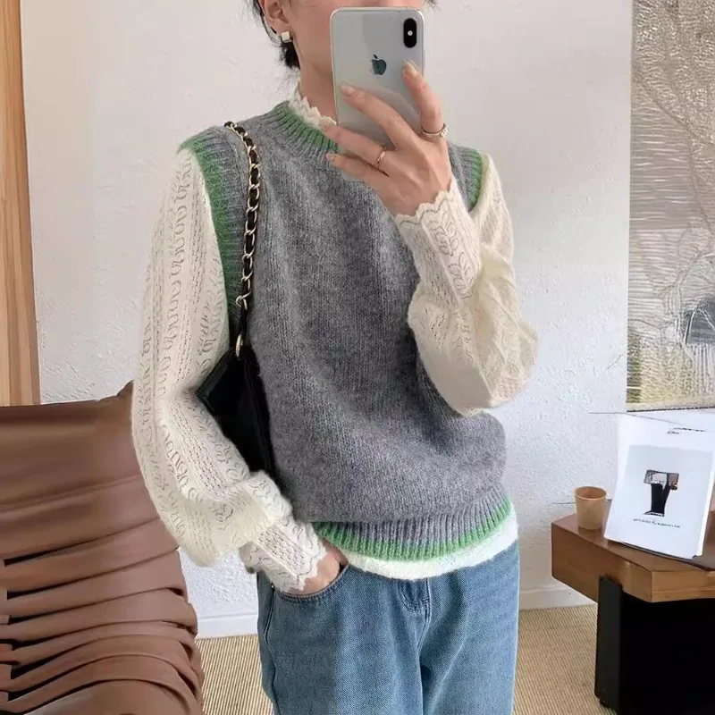 Vest Round Neck Pullover Sweater Contrasting Loose Knit Sweater Sleeveless Jacket
Vest Round Neck Pullover Sweater Contrasting Loose Knit Sweater Sleeveless Jacket