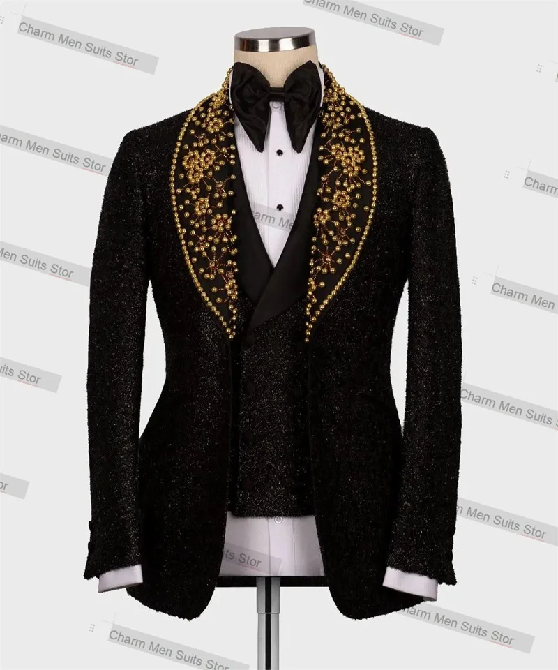 Shiny Black Men Suits Set Custom Made 3 Piece Blazer+Vest+Pants Golden Beads Jacket Office Formal Groom Wedding Tuxedo Prom Coat
Shiny Black Men Suits Set Custom Made 3 Piece Blazer+Vest+Pants Golden Beads Jacket Office Formal Groom Wedding Tuxedo Prom Coat