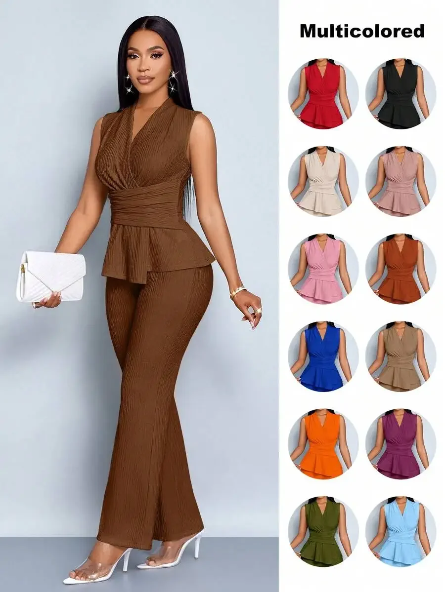 Womens Sleeveless V-Neck Pleated Peplum Top And Wide-Leg Pants Two Piece Set Casual Office Outfit
Womens Sleeveless V-Neck Pleated Peplum Top And Wide-Leg Pants Two Piece Set Casual Office Outfit