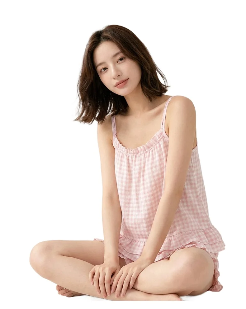 Chest Pad Sleepwear Women's Cotton 2026 New Summer Suit 2 Piece Set Sleeveless Pajamas For Woman Nightwear Plaid Print Homewear
Chest Pad Sleepwear Women's Cotton 2026 New Summer Suit 2 Piece Set Sleeveless Pajamas For Woman Nightwear Plaid Print Homewear