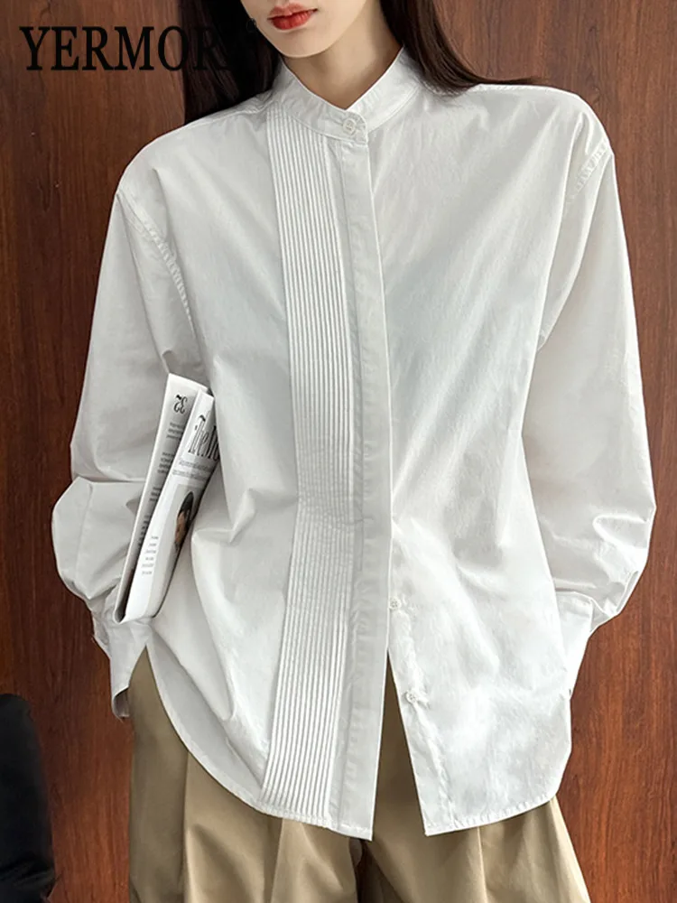 YERMORA White Asymmetric Pleated Casual Blouse For Women Stand Collar Long Sleeve Loose New Shirt Fashion Spring Autumn 2026
YERMORA White Asymmetric Pleated Casual Blouse For Women Stand Collar Long Sleeve Loose New Shirt Fashion Spring Autumn 2026