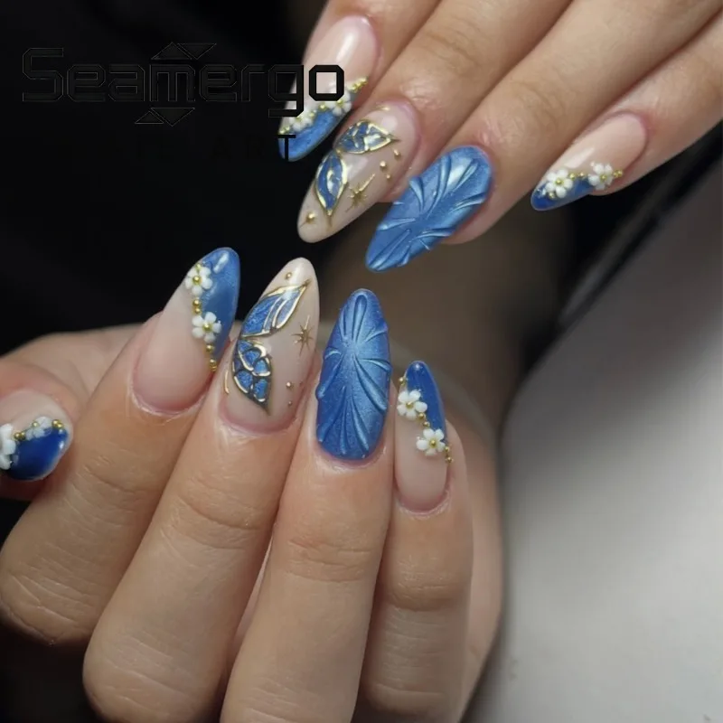 24PCS Glitter Blue Cat Eye Almond Press on Nails Golden Patterns Butterfly French Fake Nails Sweet Flower Acrylic Nails Wearable
24PCS Glitter Blue Cat Eye Almond Press on Nails Golden Patterns Butterfly French Fake Nails Sweet Flower Acrylic Nails Wearable