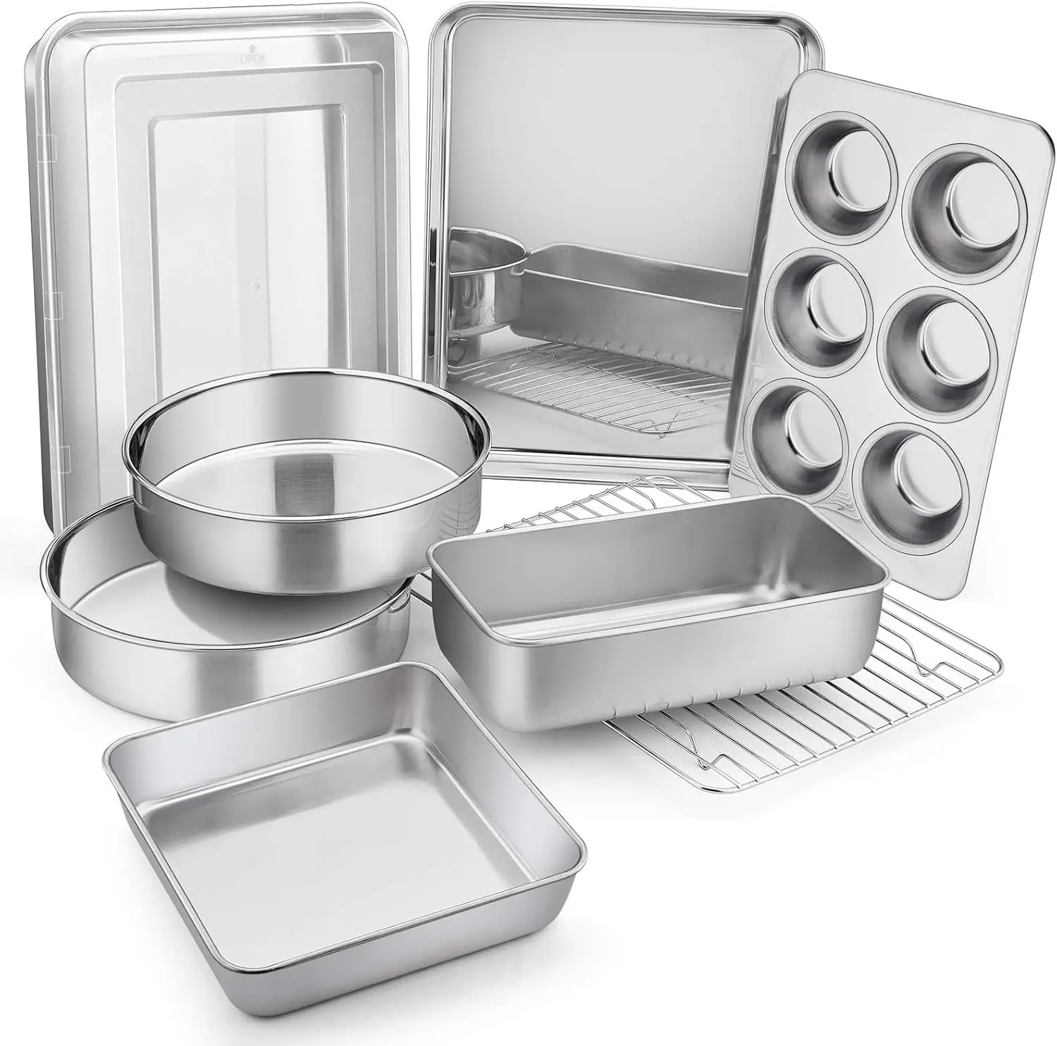 9-Piece Stainless Steel Baking Pan Set with Lid & Cooling Rack, Dishwasher Safe for Cakes, Cookies, and More
9-Piece Stainless Steel Baking Pan Set with Lid & Cooling Rack, Dishwasher Safe for Cakes, Cookies, and More
