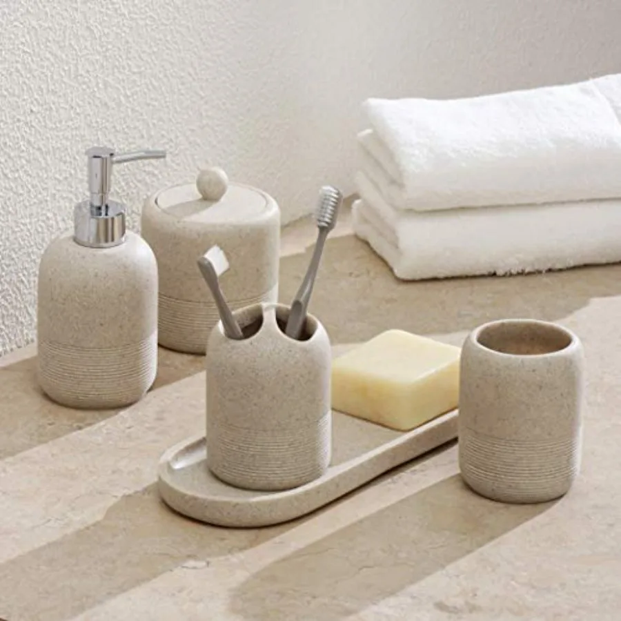 5-Pieces Bathroom Accessory Set Hight Quality Polyresin Ensemble-Lotion Dispenser/Toothbrush Holder/Cotton Jar/Tray/Tumbler Cup
5-Pieces Bathroom Accessory Set Hight Quality Polyresin Ensemble-Lotion Dispenser/Toothbrush Holder/Cotton Jar/Tray/Tumbler Cup