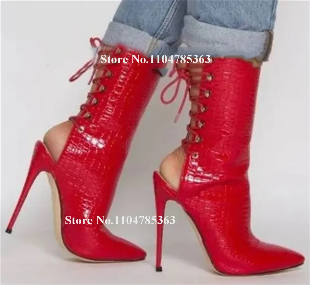 Sexy Pattern Leather Stiletto Heel Short Boots Pointed Toe Red Black White Snakeskin Back Lace-up Thin Heel Ankle Booties
Sexy Pattern Leather Stiletto Heel Short Boots Pointed Toe Red Black White Snakeskin Back Lace-up Thin Heel Ankle Booties