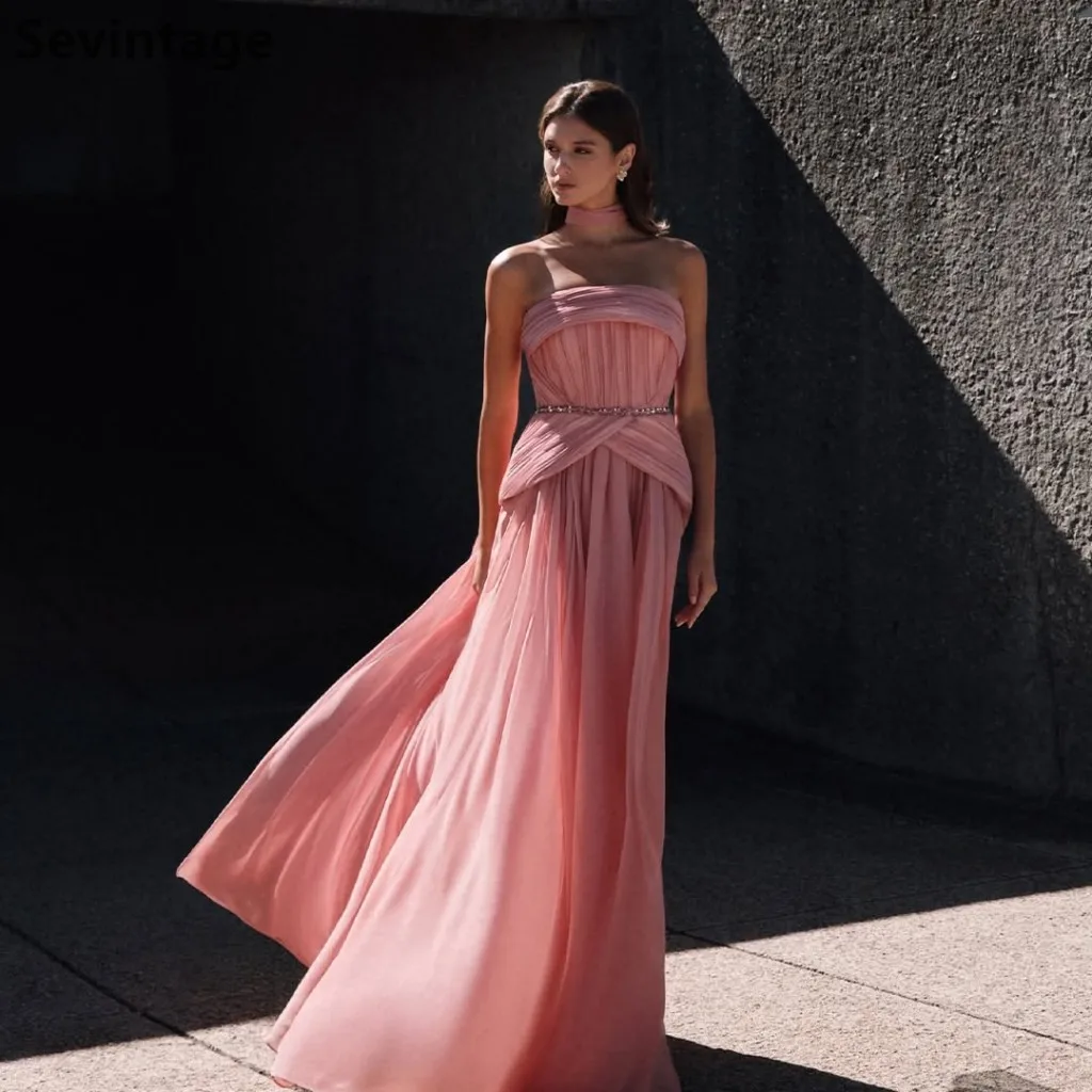 Sevintage Blush Pink Strapless Evening Gown Ruched Chiffon Detachable Choker Rhinestone Waist Dubai Formal Prom Dress Customized
Sevintage Blush Pink Strapless Evening Gown Ruched Chiffon Detachable Choker Rhinestone Waist Dubai Formal Prom Dress Customized