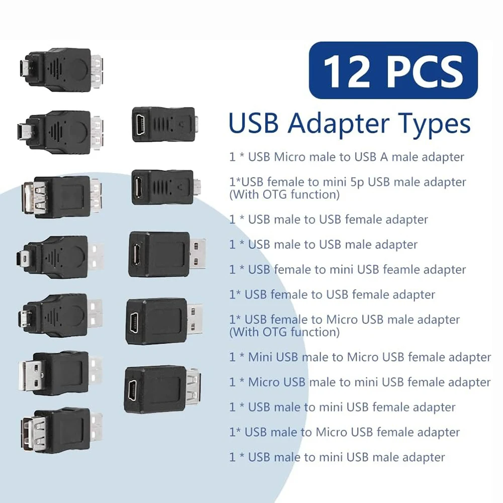 12Pcs USB 2.0 Adapters Kit, Micro/Mini Male/Female Converters Support Charging & 480Mbps Data Transfer for Phone/Tablet/PC
12Pcs USB 2.0 Adapters Kit, Micro/Mini Male/Female Converters Support Charging & 480Mbps Data Transfer for Phone/Tablet/PC