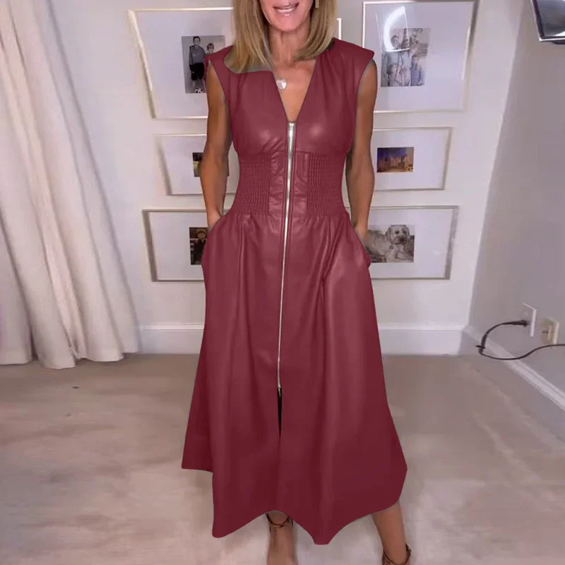 Casual Solid PU Leather France Vintage Dress Women Spring V Neck Zipper Split Long Dress Summer Sleeveless Pockets Party Dresses
Casual Solid PU Leather France Vintage Dress Women Spring V Neck Zipper Split Long Dress Summer Sleeveless Pockets Party Dresses
