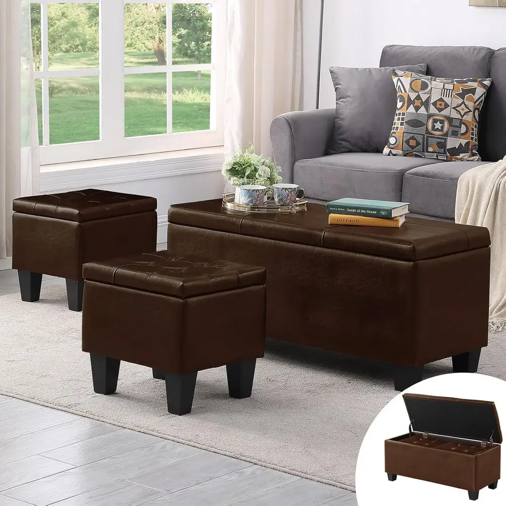 38 Button-Tufted Storage Ottoman Set with 2 Stools, Easy Open, Safety Hinges, Brown PU Leather
38 Button-Tufted Storage Ottoman Set with 2 Stools, Easy Open, Safety Hinges, Brown PU Leather