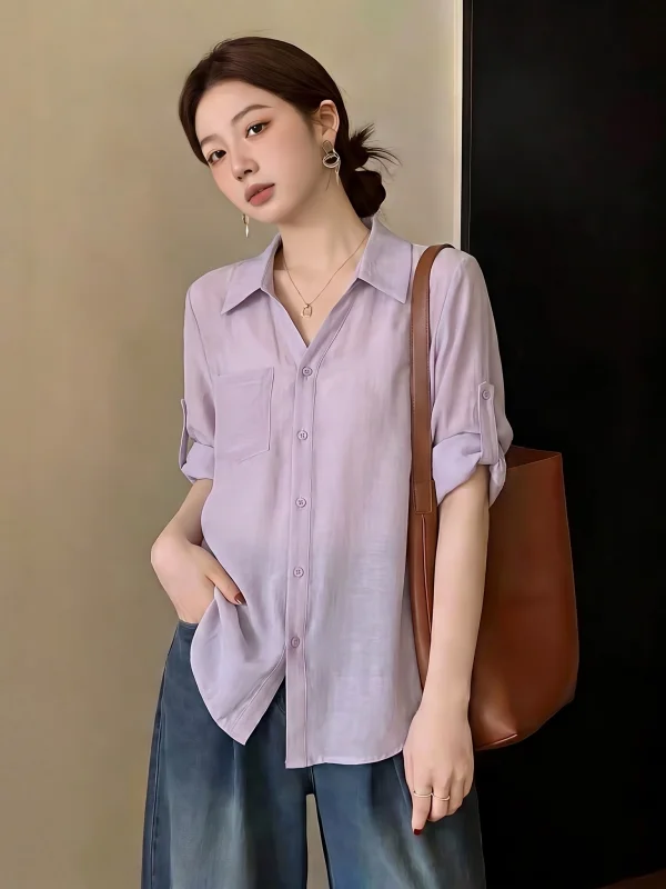 Slim Fit Purple V-Neck Short Sleeve Shirt Women's Summer New Style plus Size Beautiful Age-Defying Top Korean Style Commute
Slim Fit Purple V-Neck Short Sleeve Shirt Women's Summer New Style plus Size Beautiful Age-Defying Top Korean Style Commute