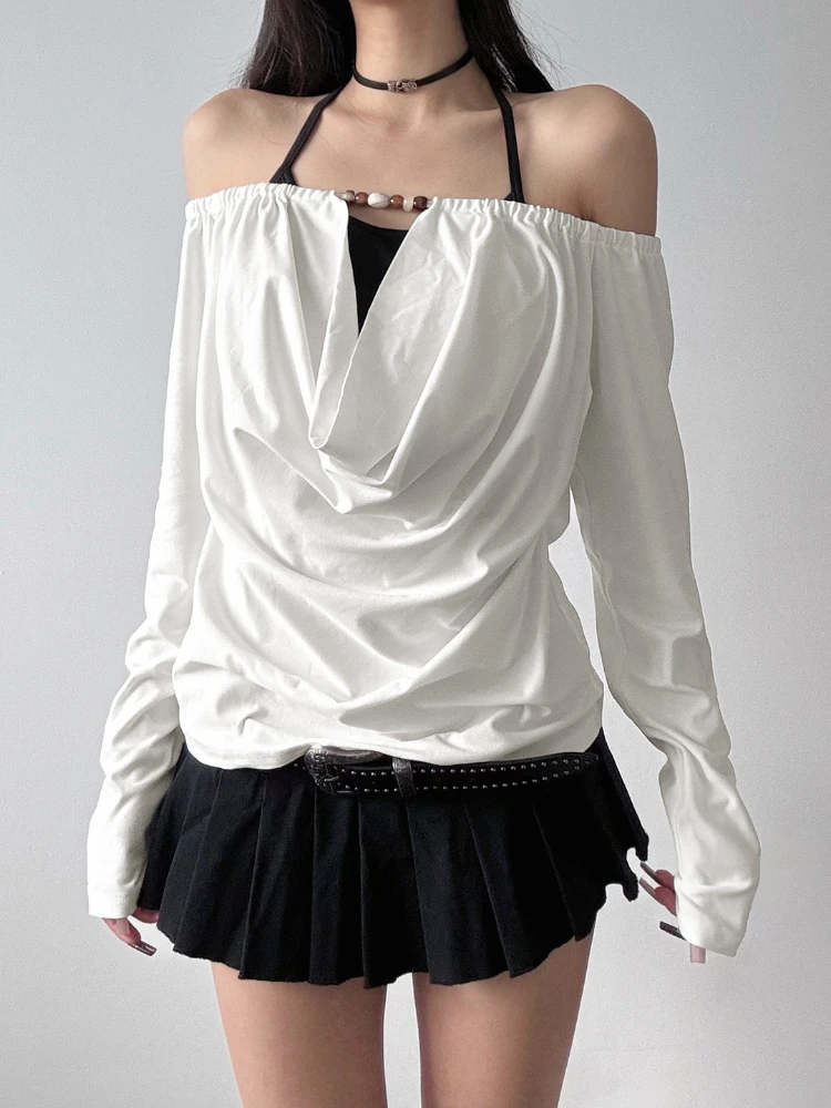 Korobov Уличная одежда с открытыми плечами, повседневные тонкие футболки с лямкой на шее и длинными рукавами, искусственные футболки из двух предметов 
Korobov Уличная одежда с открытыми плечами, повседневные тонкие футболки с лямкой на шее и длинными рукавами, искусственные футболки из двух предметов