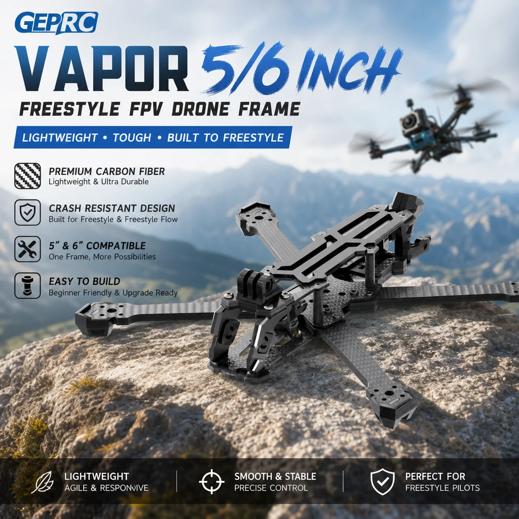 GEPRC Vapor 5/6 Inch Freestyle Frame – Durable Crash-Resistant FPV Drone Kit for 5" & 6" Build (Carbon Fiber)
GEPRC Vapor 5/6 Inch Freestyle Frame – Durable Crash-Resistant FPV Drone Kit for 5" & 6" Build (Carbon Fiber)