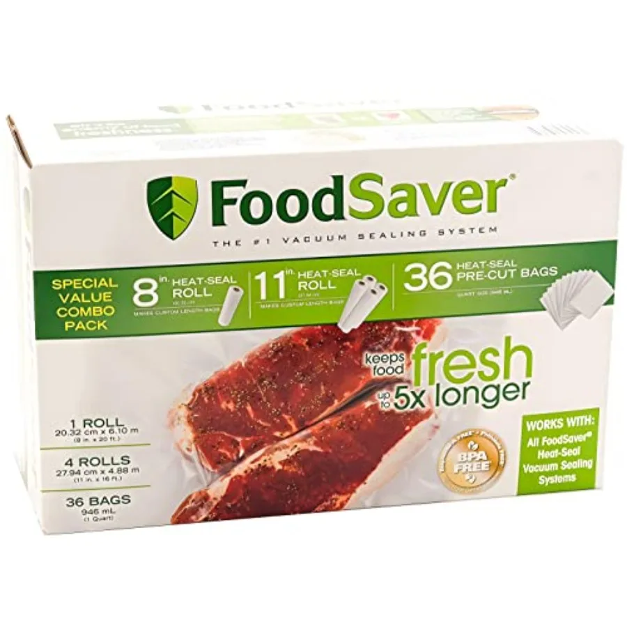 Special Value Vacuum Seal Combo Pack 1-8"Roll; 4-11"Rolls; 36 Pre-Cut Bags
Special Value Vacuum Seal Combo Pack 1-8"Roll; 4-11"Rolls; 36 Pre-Cut Bags